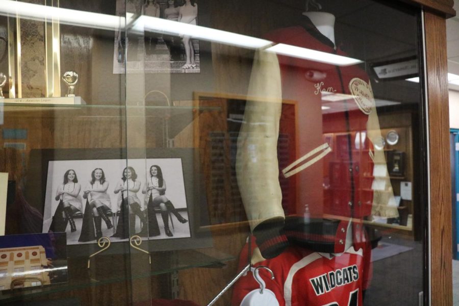 Artifacts in the main display cases showcase the historic athletic past when LVA had sports. Items include a photo of school cheerleaders, cheer uniforms, a jersey with the original mascot, and a letterman jacket from someone who was one of LVA’s athletes in the days before LVA was a performing arts school. 