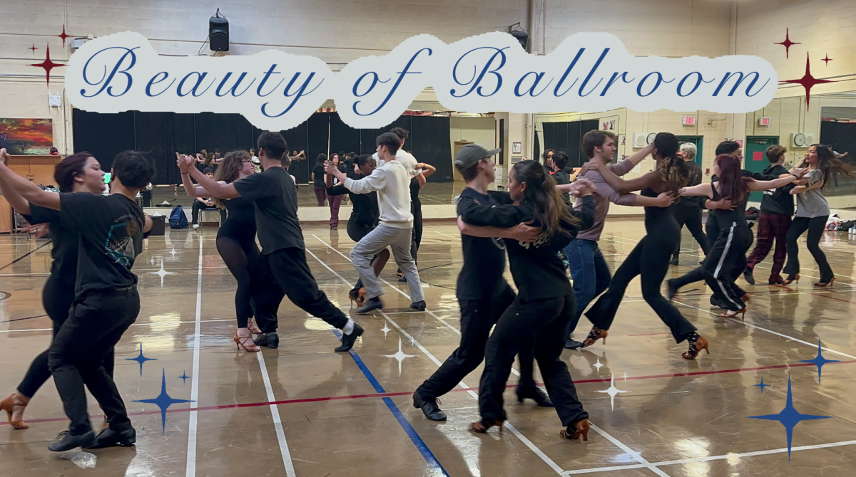 Ballroom students in the middle of routine in the upper gym. 