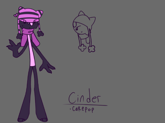 Drawing of a cast member in Party.exe named Cinder, whos a cake pop wearing a cat hat and a scarf.