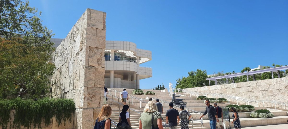 The steps leading up to the entrance of the Getty Museum.