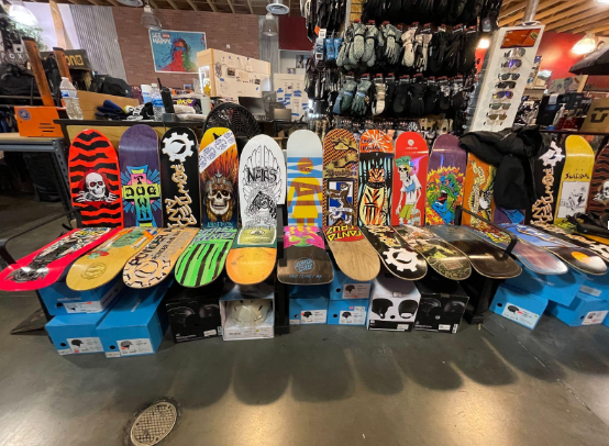Skateboards that are on display and sold at the shop. 