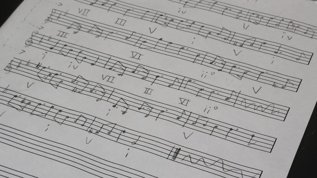 A handwritten draft of a piece, with the chord progression written above the music. 