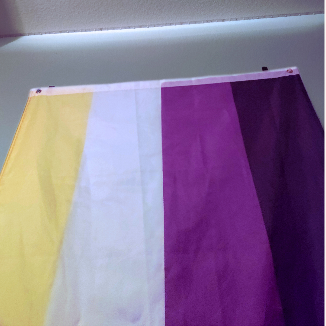 Photo of pride flag hung up on wall.