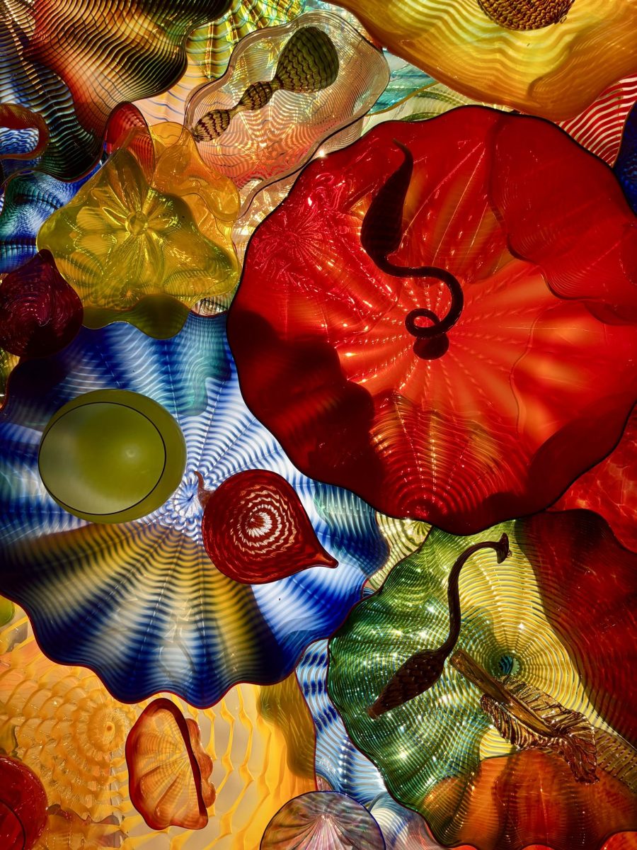 A ceiling exhibition of dozens of beautiful, colorful glass-blown flowers. (Dale Chihuly, Persian Ceiling, 2012. Chihuly Garden and Glass, Seattle Center, Seattle, Washington.)