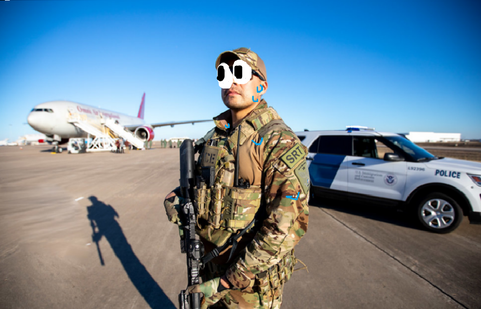A nervous ICE agent in front of a plan (Image property of U.S. Immigration and Customs Enforcement. Public domain.)